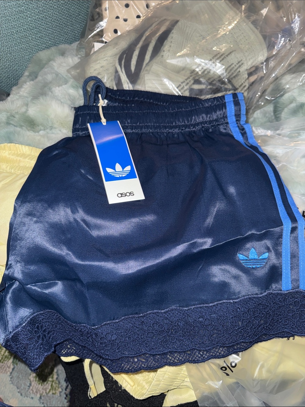 NWT Adidas Navy Blue Satin Athletic Shorts with Lace Trim - Picture 7 of 10